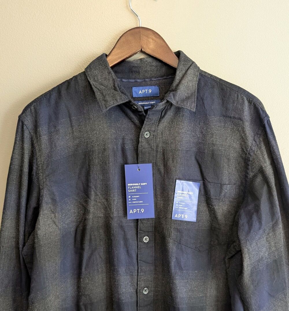 NWT Apt 9 Mens Large L Seriously Soft Flannel Shirt Plaid Stretch Gray Navy Blue